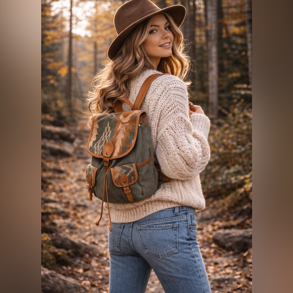 Pendleton Wool Canvas Leather Backpack Aztec Prin… - image 1